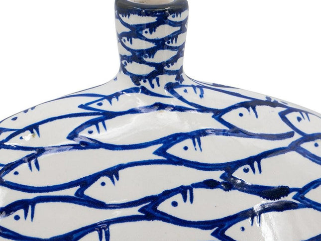 16" Blue And White Fish Print Oval Ceramic Table Vase