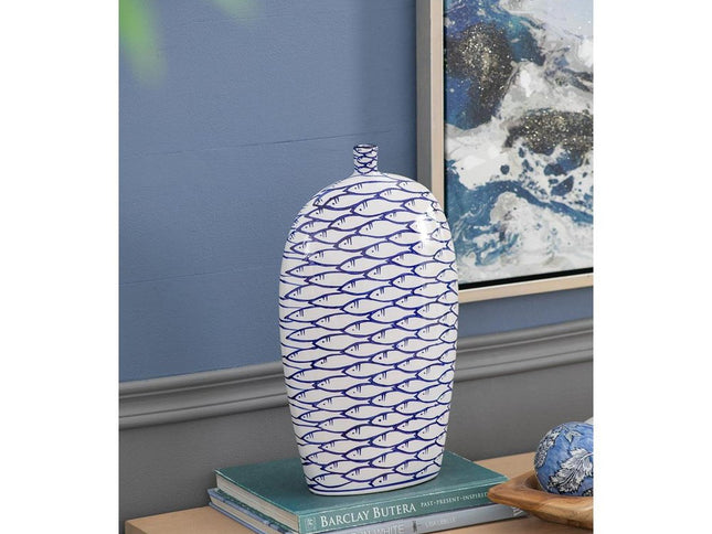 16" Blue And White Fish Print Oval Ceramic Table Vase