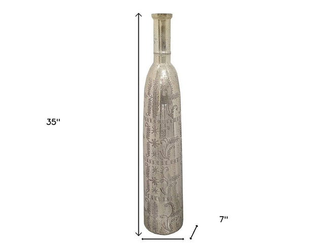35" Silver Floral Glass Cylinder Floor Vase