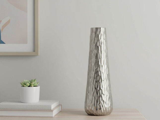 19" Silver Cast Aluminum Carved Geometric Table Vase