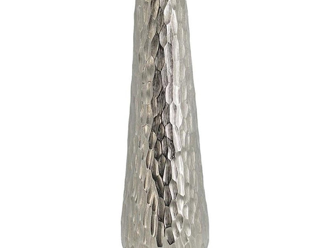19" Silver Cast Aluminum Carved Geometric Table Vase