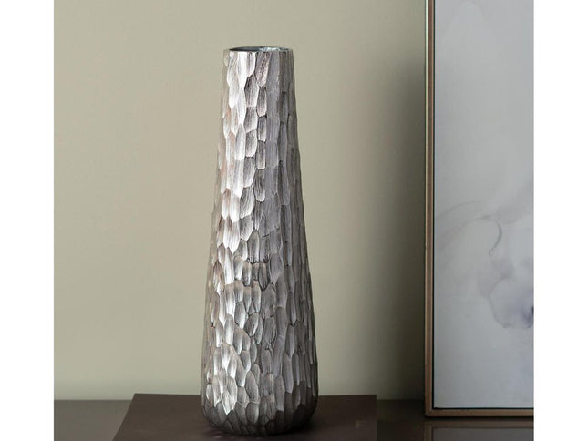 19" Silver Cast Aluminum Carved Geometric Table Vase