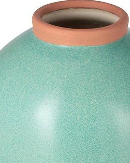 13" Aqua And Terra Cotta Ceramic Round Table Vase