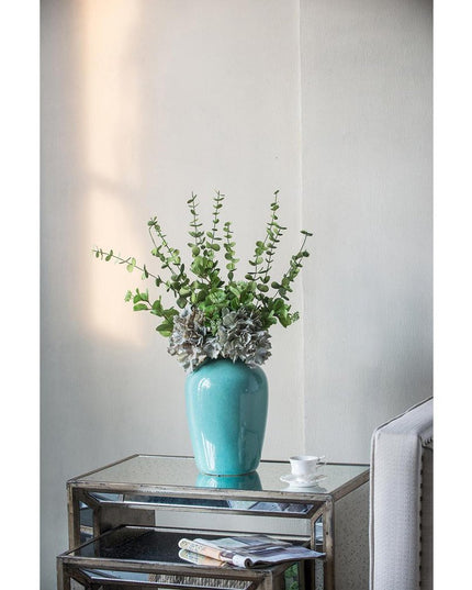 13" Aqua And Terra Cotta Ceramic Round Table Vase