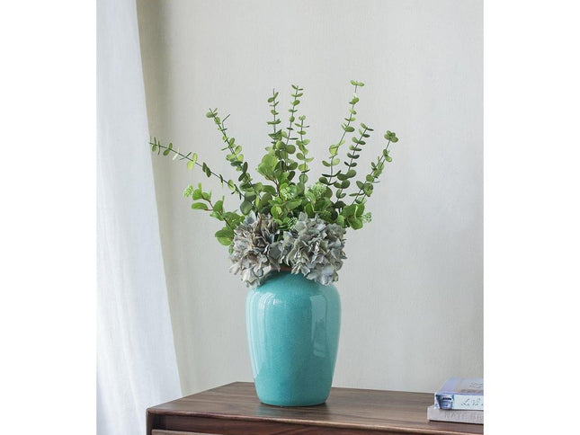 13" Aqua And Terra Cotta Ceramic Round Table Vase