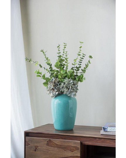 13" Aqua And Terra Cotta Ceramic Round Table Vase