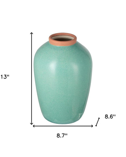 13" Aqua And Terra Cotta Ceramic Round Table Vase