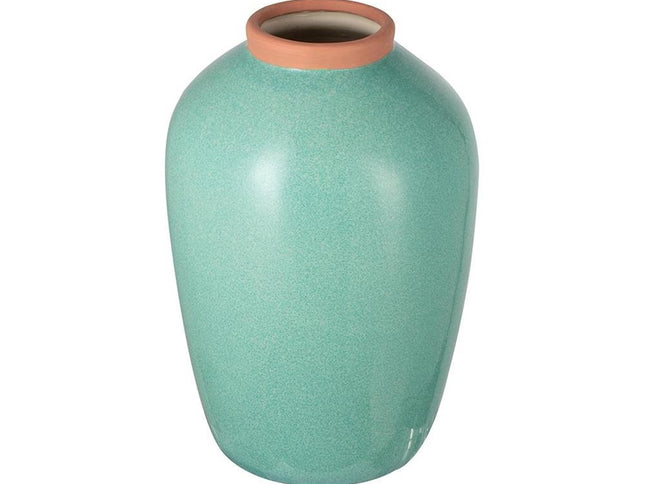 13" Aqua And Terra Cotta Ceramic Round Table Vase