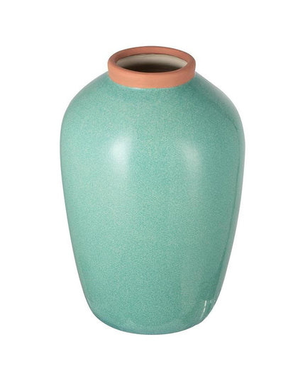 13" Aqua And Terra Cotta Ceramic Round Table Vase