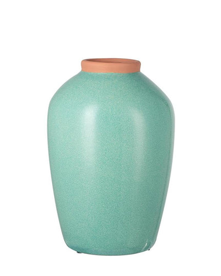 13" Aqua And Terra Cotta Ceramic Round Table Vase