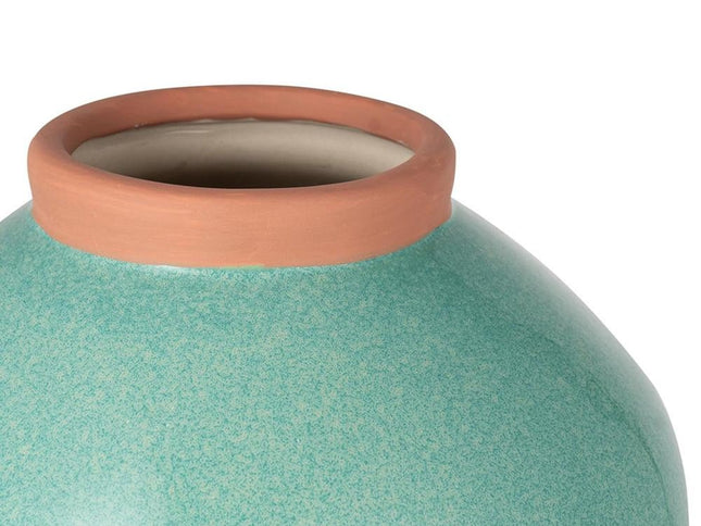 13" Aqua And Terra Cotta Ceramic Round Table Vase