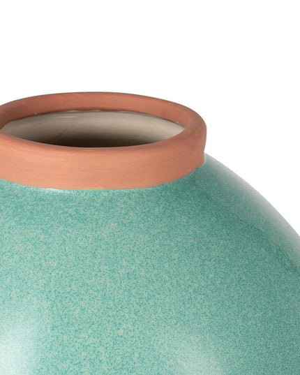 13" Aqua And Terra Cotta Ceramic Round Table Vase