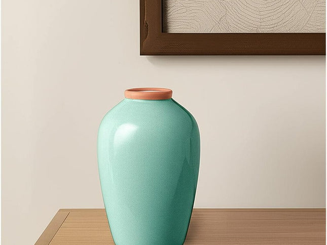 13" Aqua And Terra Cotta Ceramic Round Table Vase