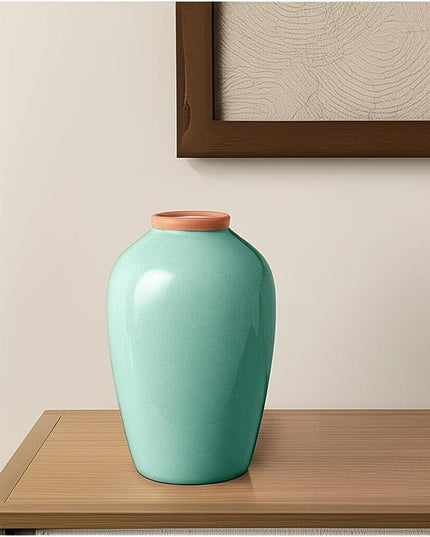 13" Aqua And Terra Cotta Ceramic Round Table Vase