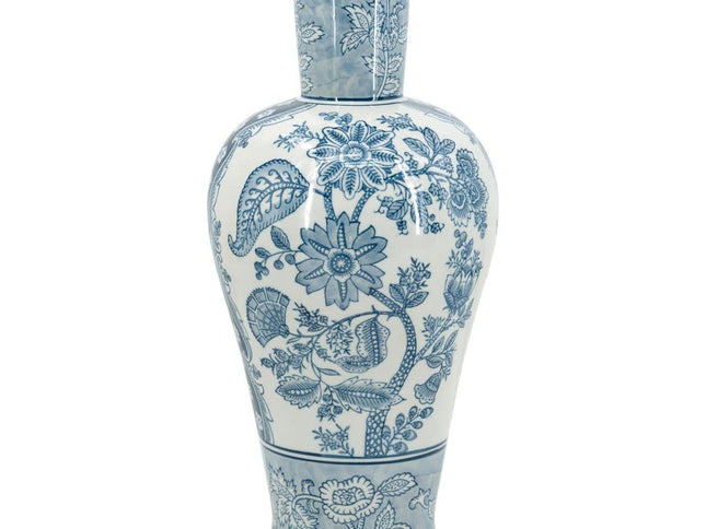 17" Light Blue And White Floral Round Porcelain Table Vase