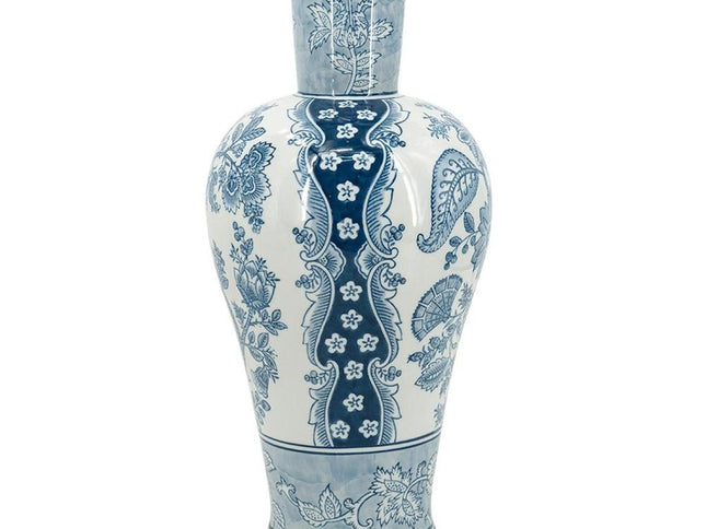 17" Light Blue And White Floral Round Porcelain Table Vase