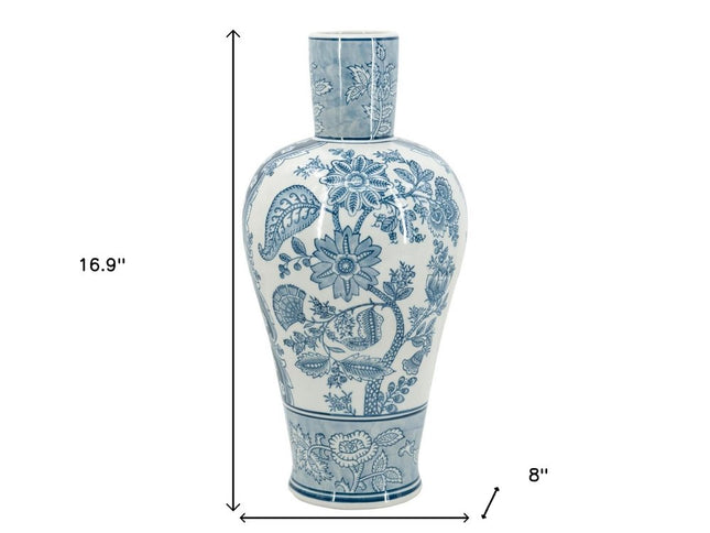 17" Light Blue And White Floral Round Porcelain Table Vase