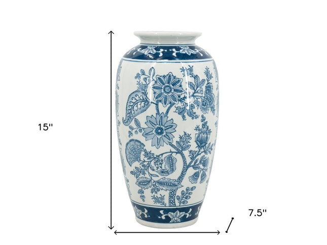 15" Light Blue And White Floral Porcelain Urn Vase