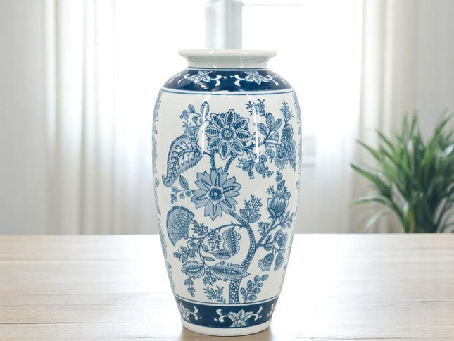 15" Light Blue And White Floral Porcelain Urn Vase
