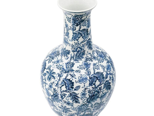 24" Blue And White Floral Curved Porcelain Table Vase