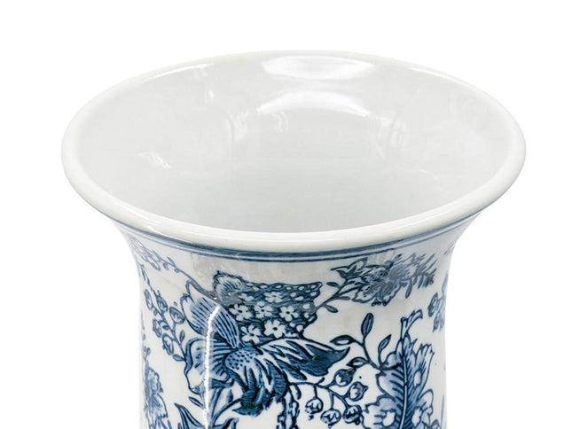 24" Blue And White Floral Curved Porcelain Table Vase
