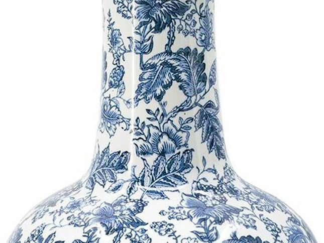 24" Blue And White Floral Curved Porcelain Table Vase