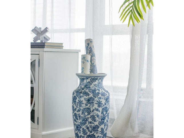 24" Blue And White Chinoiserie Porcelain Urn Table Vase