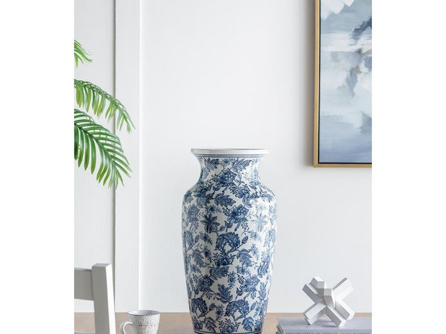 24" Blue And White Chinoiserie Porcelain Urn Table Vase