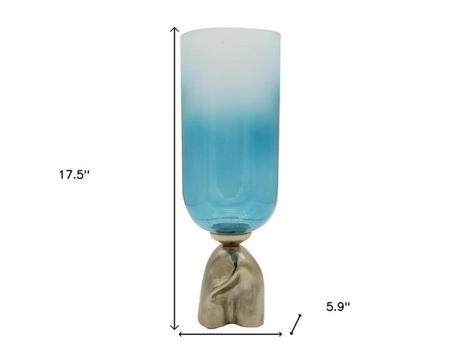 18" Blue White And Gold Ombre Glass And Aluminum Pedestal Table Vase