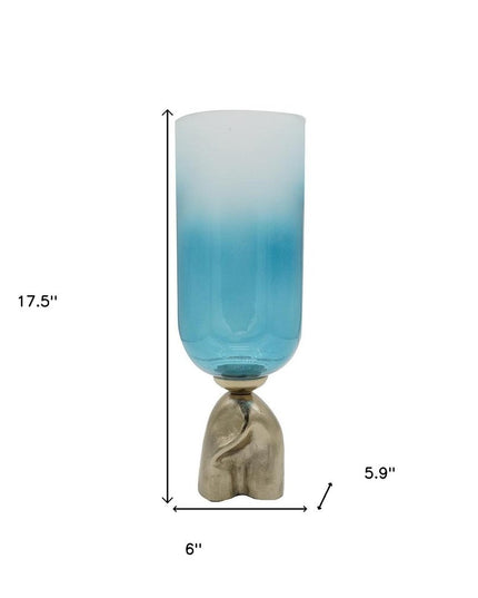 18" Blue White And Gold Ombre Glass And Aluminum Pedestal Table Vase