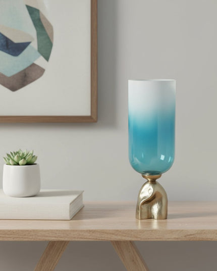 18" Blue White And Gold Ombre Glass And Aluminum Pedestal Table Vase