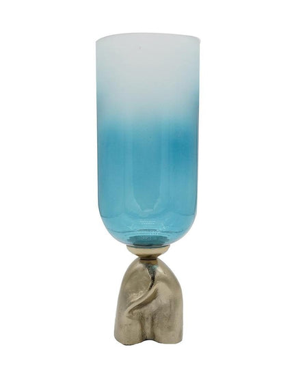 18" Blue White And Gold Ombre Glass And Aluminum Pedestal Table Vase