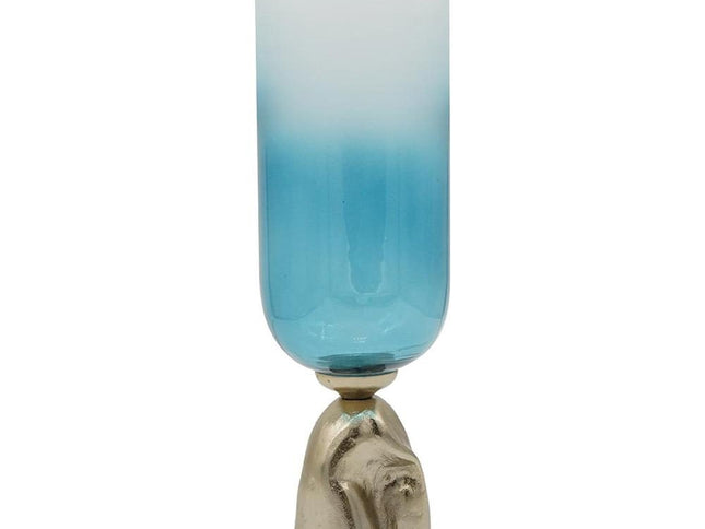 18" Blue White And Gold Ombre Glass And Aluminum Pedestal Table Vase