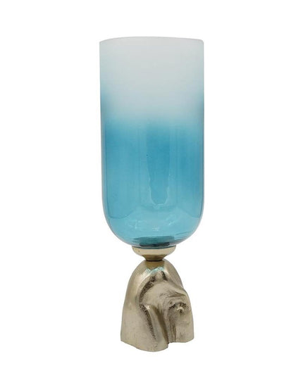 18" Blue White And Gold Ombre Glass And Aluminum Pedestal Table Vase