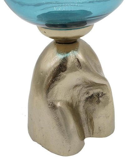 18" Blue White And Gold Ombre Glass And Aluminum Pedestal Table Vase