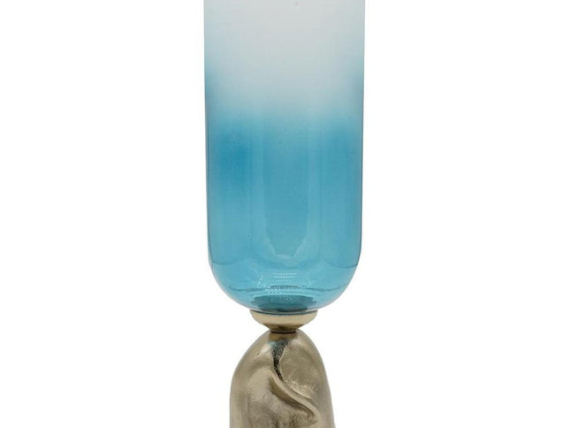 18" Blue White And Gold Ombre Glass And Aluminum Pedestal Table Vase