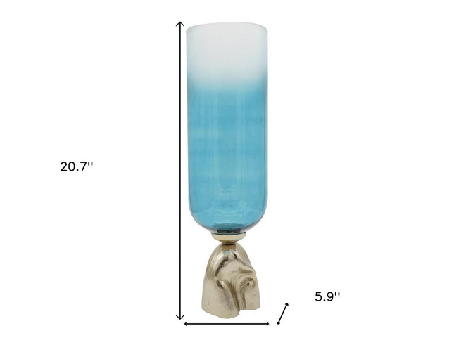 21" Blue White And Gold Ombre Glass And Aluminum Pedestal Table Vase