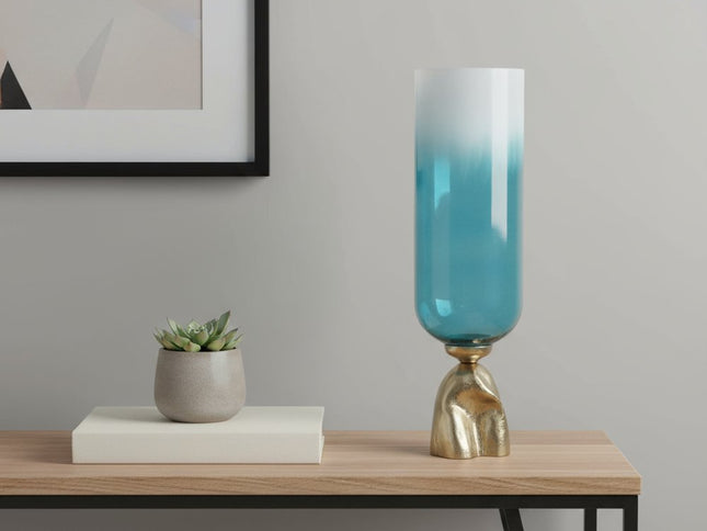 21" Blue White And Gold Ombre Glass And Aluminum Pedestal Table Vase