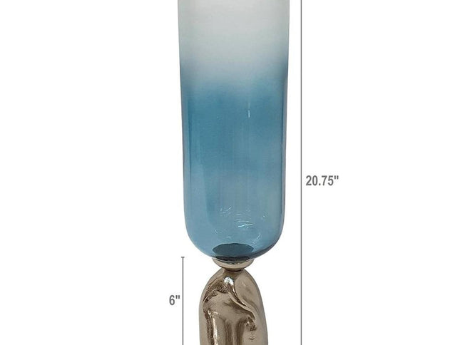 21" Blue White And Gold Ombre Glass And Aluminum Pedestal Table Vase