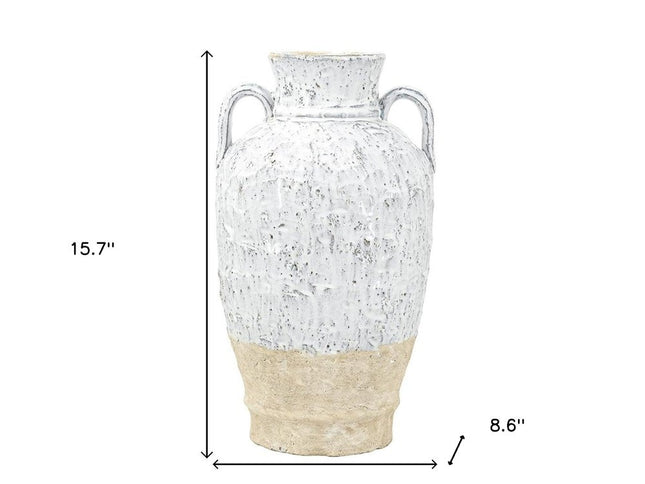 16" Beige And Ivory Amphora Terracotta Urn