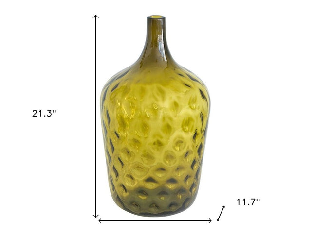 21" Olive Green Hammered Glass Table Vase