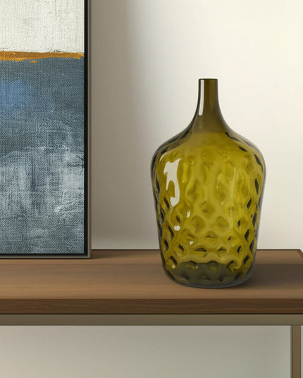 21" Olive Green Hammered Glass Table Vase