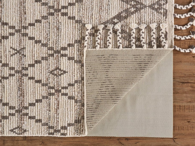 9' X 13' Taupe and Ivory Wool Geometric Hand Knotted Area Rug