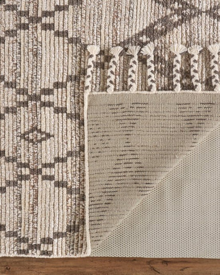 9' X 13' Taupe and Ivory Wool Geometric Hand Knotted Area Rug