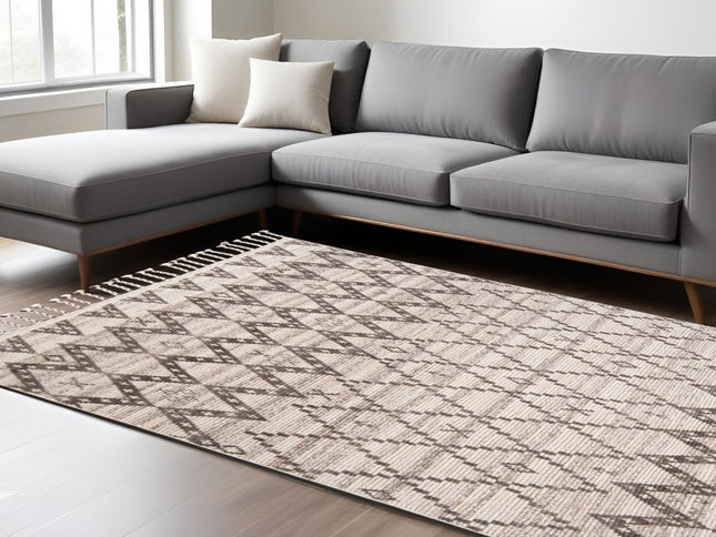 9' X 13' Taupe and Ivory Wool Geometric Hand Knotted Area Rug