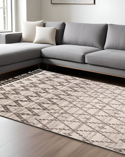 9' X 13' Taupe and Ivory Wool Geometric Hand Knotted Area Rug