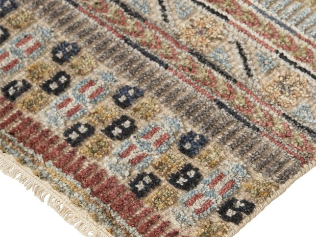 9' X 13' Tan Blue and Orange Striped Hand Knotted Area Rug