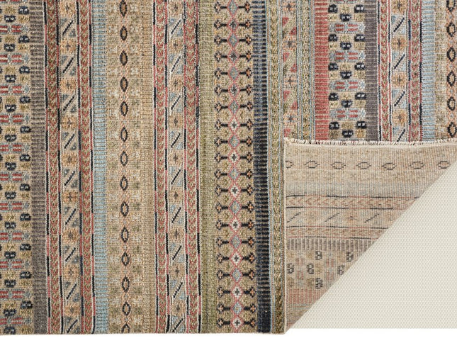 9' X 13' Tan Blue and Orange Striped Hand Knotted Area Rug