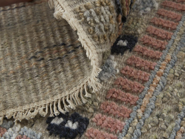 9' X 13' Tan Blue and Orange Striped Hand Knotted Area Rug