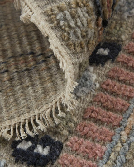 9' X 13' Tan Blue and Orange Striped Hand Knotted Area Rug